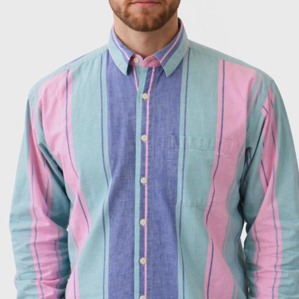 80s Vintage Cotton Striped Shirt Mens M Pink Blue Teal Candy Preppy Button Up